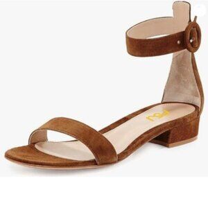 FSJ Brown Ankle Strap Flats Sandal Open Toe Chunky Low Heel Comfortable Shoes